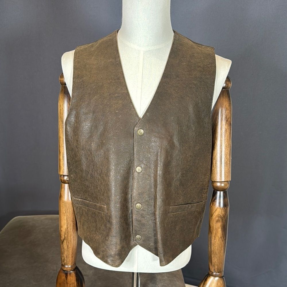 Men's Vintage T4 West Brown John Vest Genuine Leather Snap Closure Size S NWT